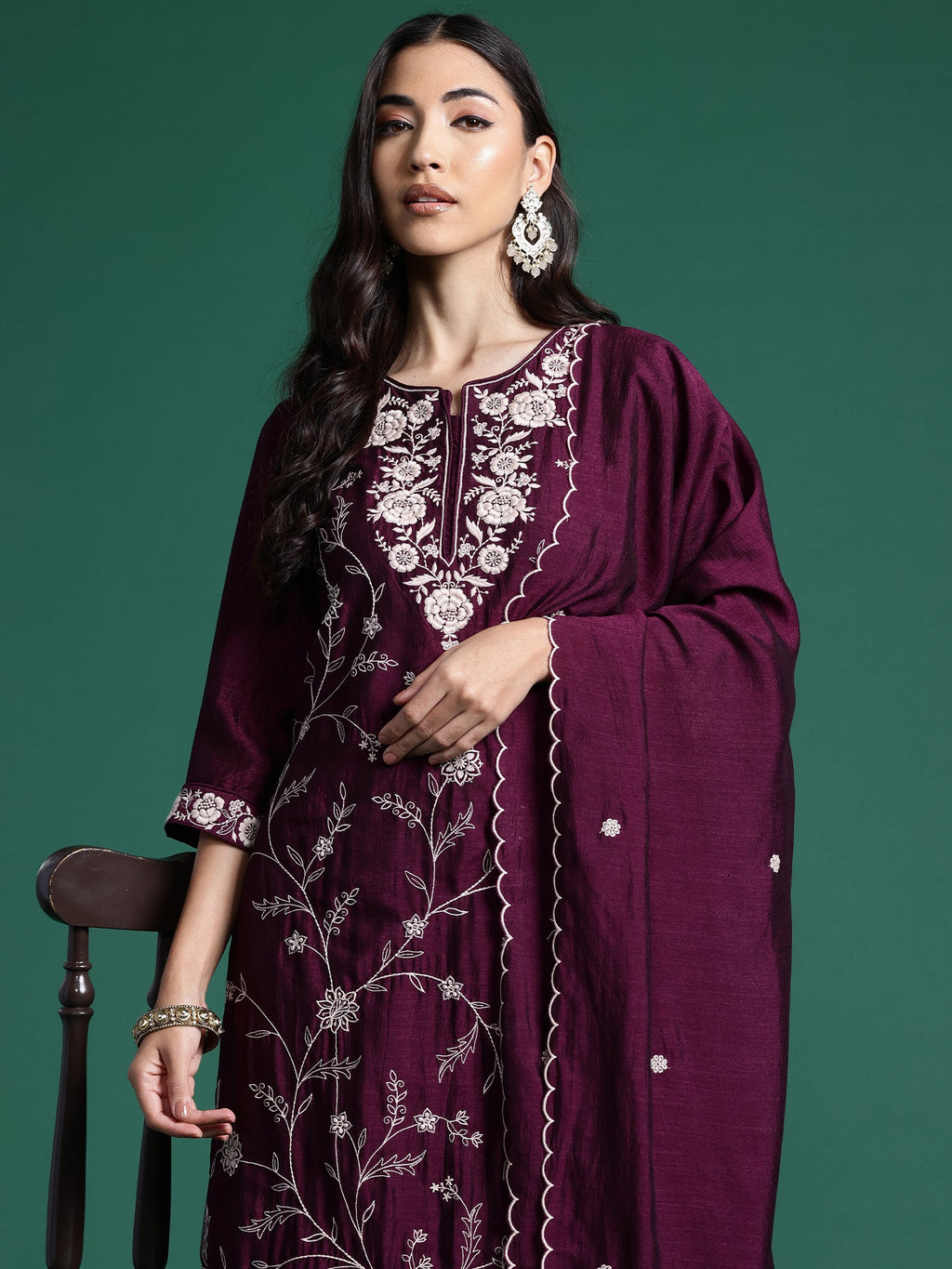 Indo Era Burgandy Straight Embroidered Kurta Trousers With Dupatta Set - Distacart