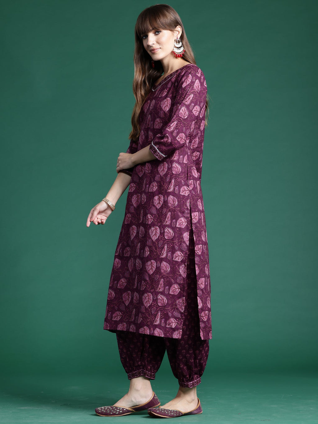 Indo Era Burgundy Printed Straight Kurta Palazzos With Dupatta set
