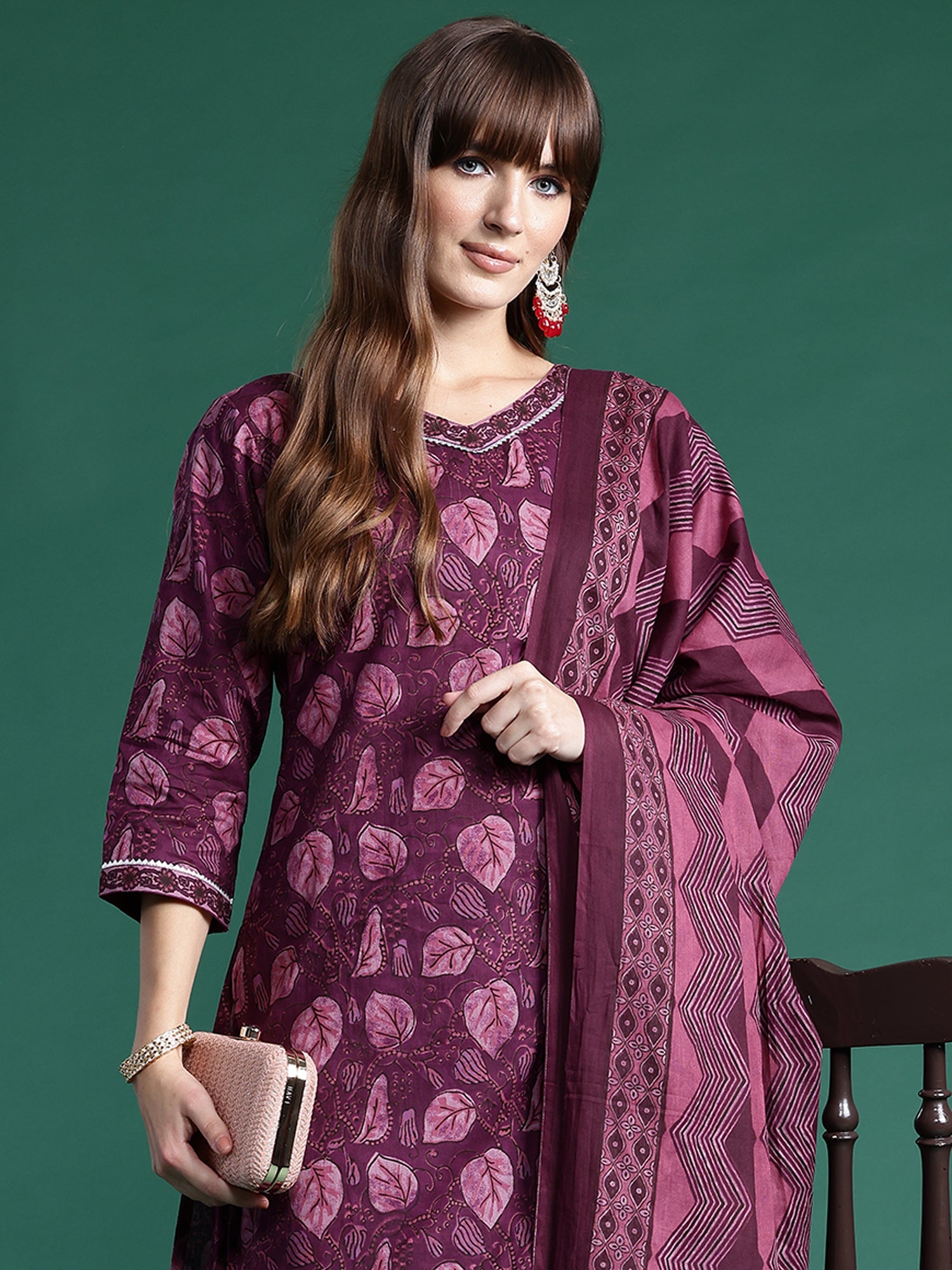 Indo Era Burgundy Printed Straight Kurta Palazzos With Dupatta set