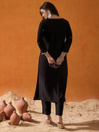 Indo Era Black Embroidered Straight Kurta - Distacart