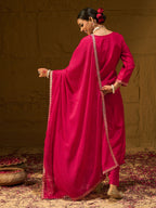 Indo Era Magenta Embroidered Straight Kurta Trousers With Dupatta set - Distacart