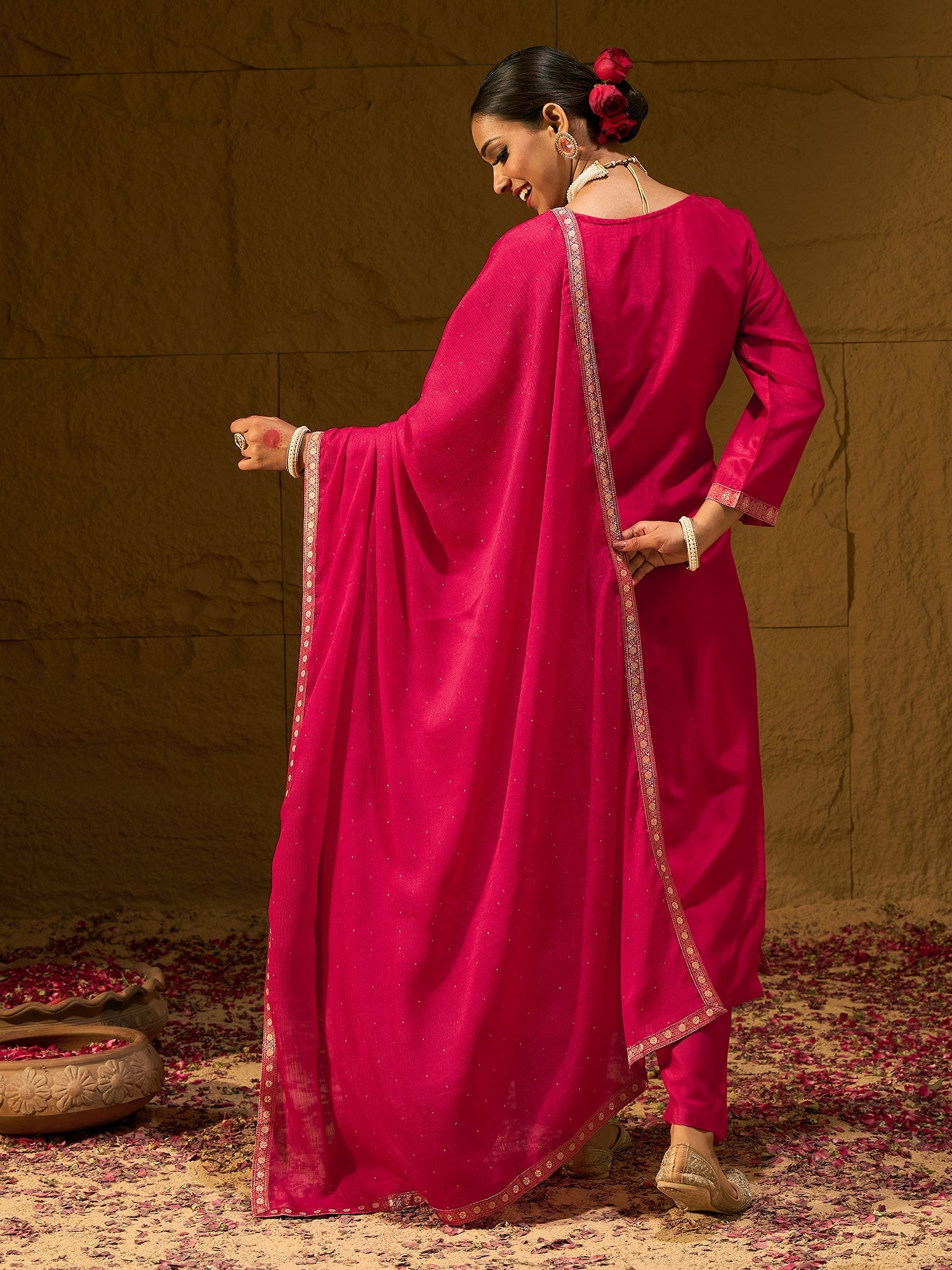 Indo Era Magenta Embroidered Straight Kurta Trousers With Dupatta set - Distacart