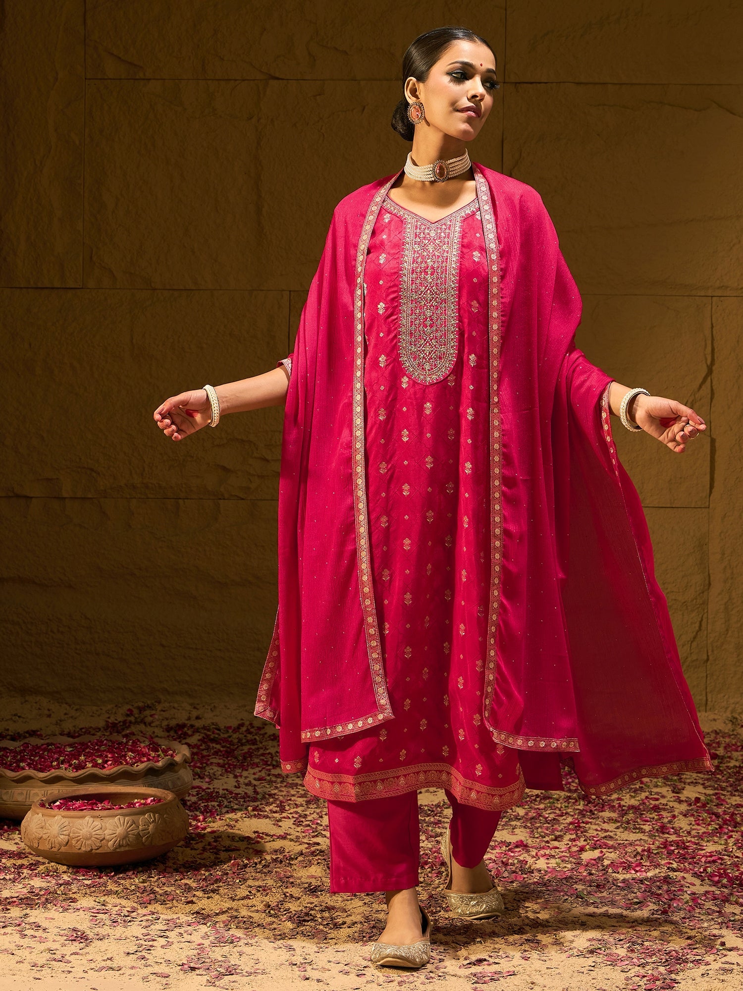 Indo Era Magenta Embroidered Straight Kurta Trousers With Dupatta set - Distacart