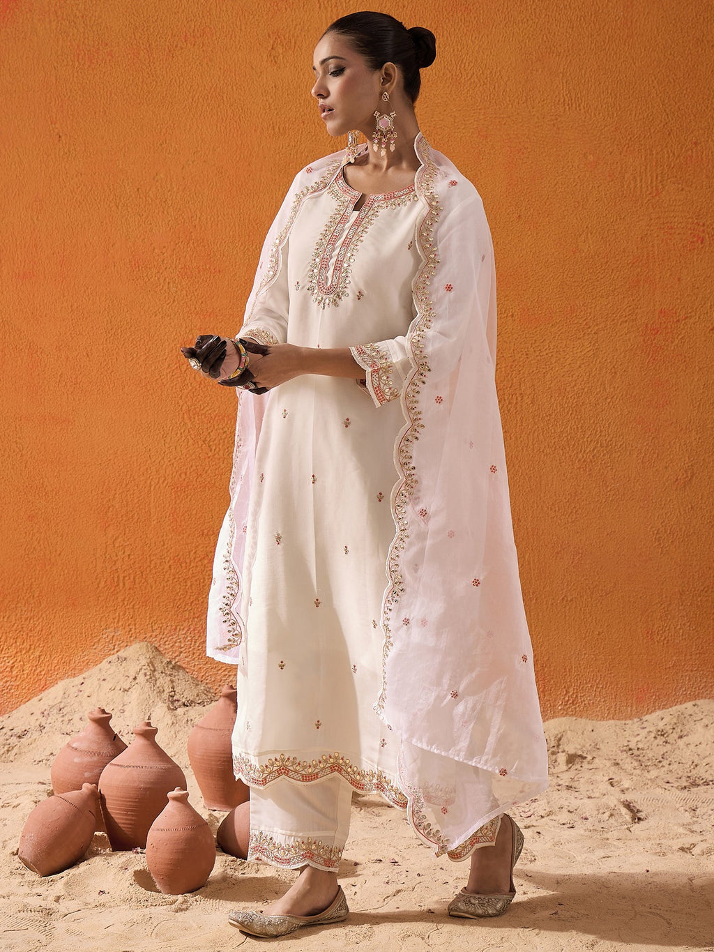 Indo Era White Embroidered Straight Kurta Trousers With Dupatta set - Distacart