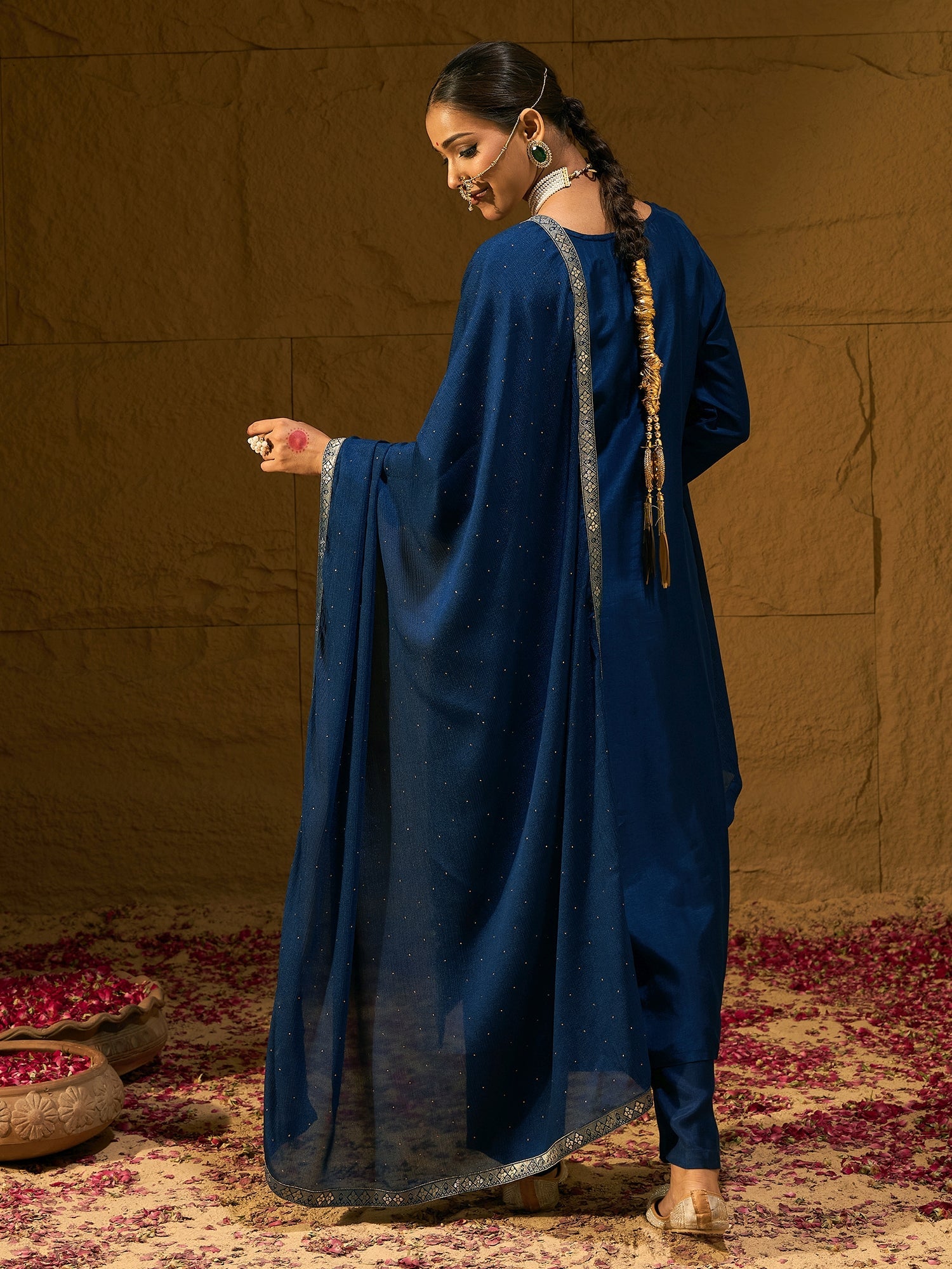 Indo Era Blue Embroidered Straight Kurta Trousers With Dupatta set - Distacart
