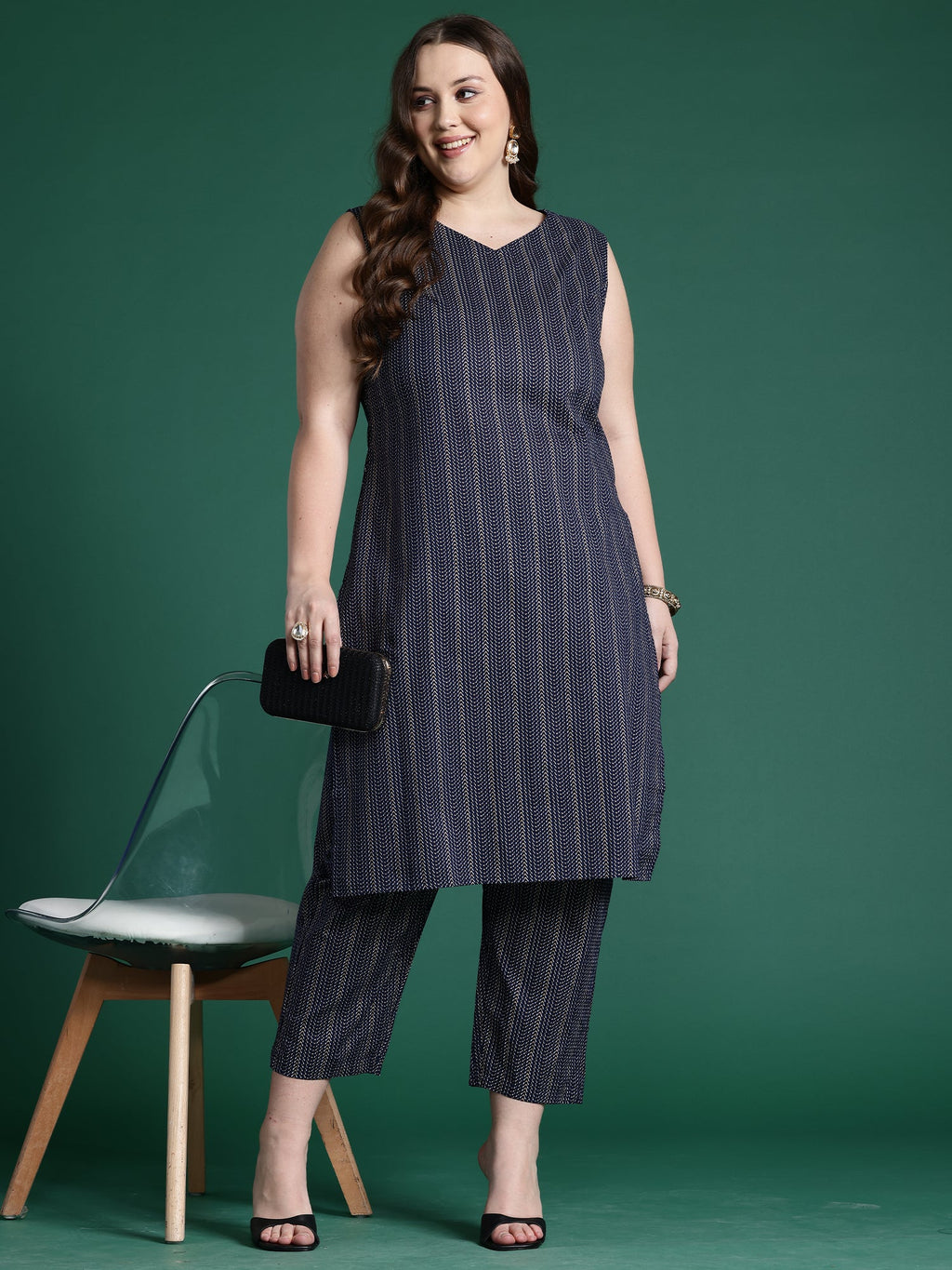 Indo Era Navy Blue Printed Straight Kurta Trousers set - Distacart