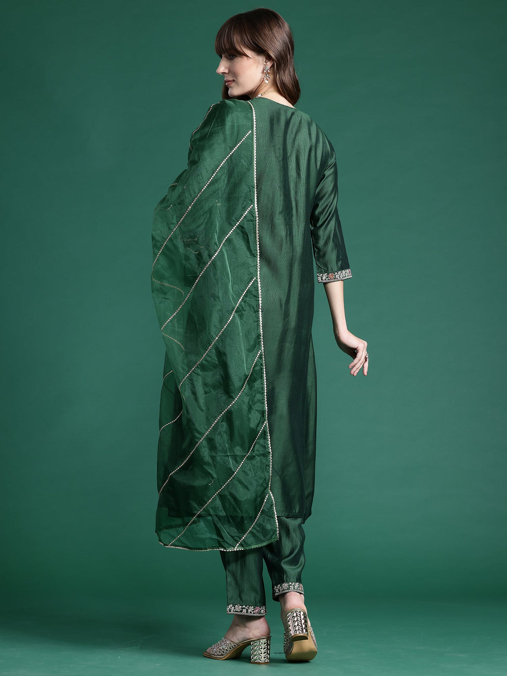 Indo Era Green Embroidered A-Line Kurta Trousers set - Distacart