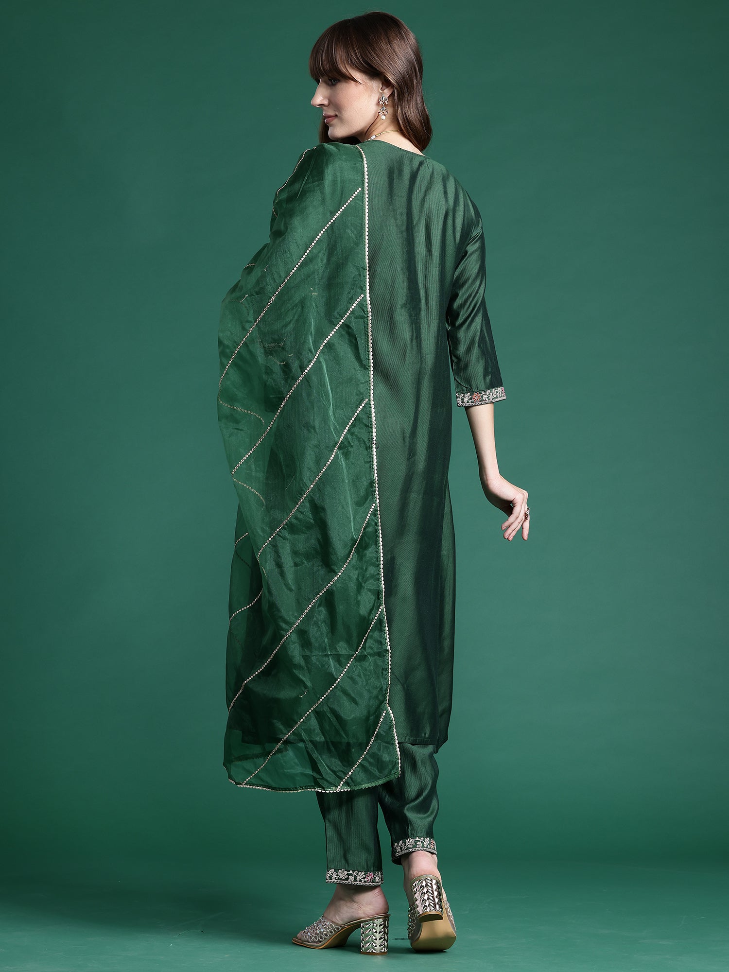Indo Era Green Embroidered A-Line Kurta Trousers set - Distacart