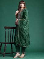 Indo Era Green Embroidered A-Line Kurta Trousers set - Distacart