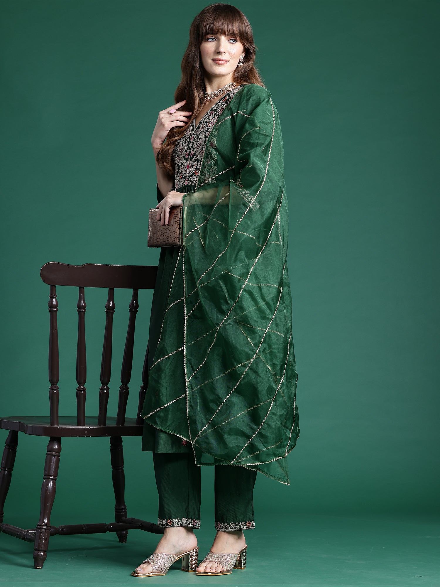 Indo Era Green Embroidered A-Line Kurta Trousers set - Distacart