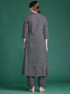 Indo Era Black Printed A-Line Kurta Trousers set - Distacart