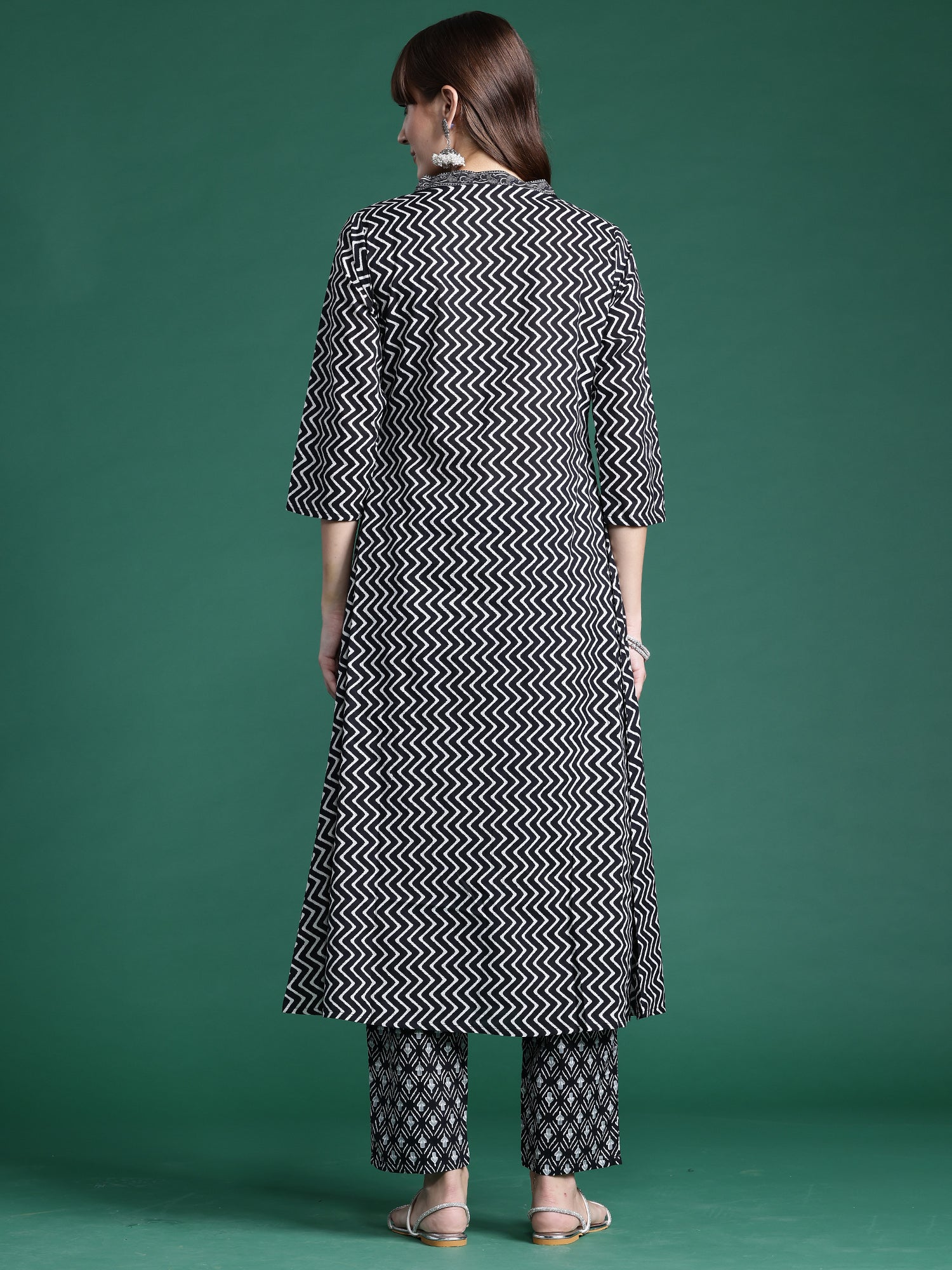 Indo Era Black Printed A-Line Kurta Trousers set - Distacart