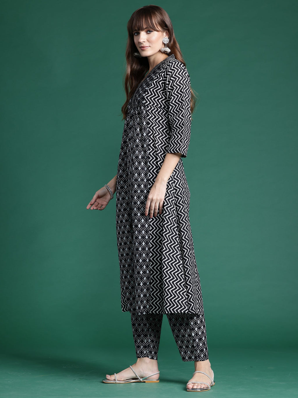 Indo Era Black Printed A-Line Kurta Trousers set - Distacart