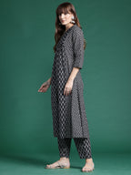 Indo Era Black Printed A-Line Kurta Trousers set - Distacart