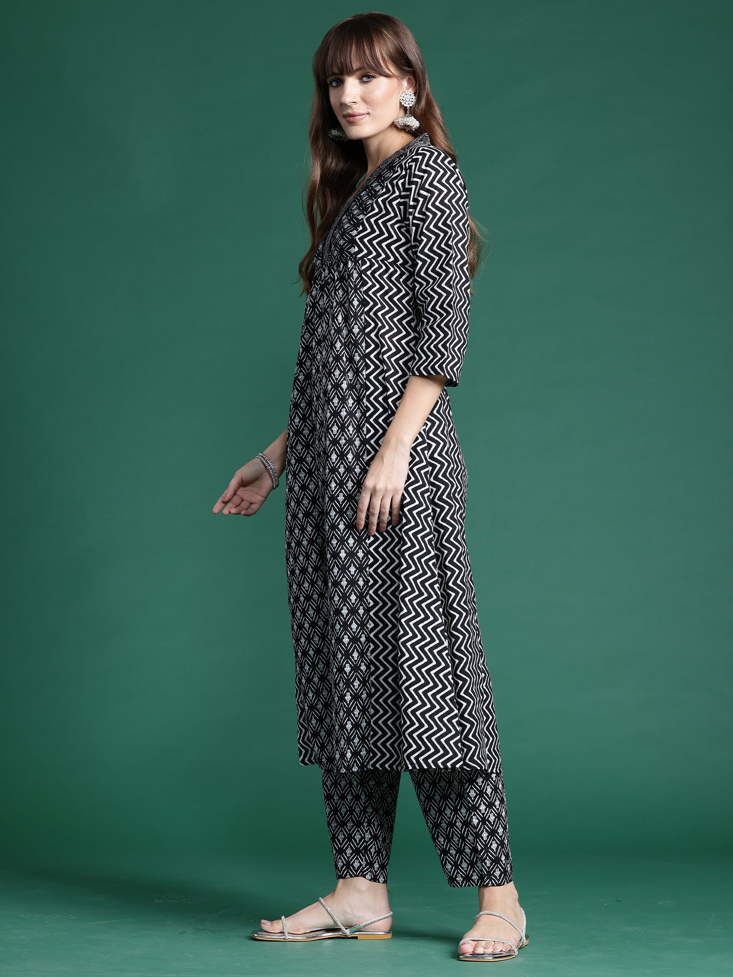 Indo Era Black Printed A-Line Kurta Trousers set - Distacart