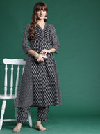 Indo Era Black Printed A-Line Kurta Trousers set - Distacart