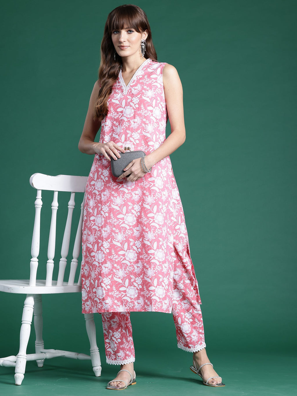 Indo Era Pink Printed Straight Kurta Trousers set - Distacart