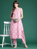 Indo Era Pink Printed Straight Kurta Trousers set - Distacart