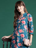 Indo Era Teal Printed A-Line Kurta Trousers set - Distacart