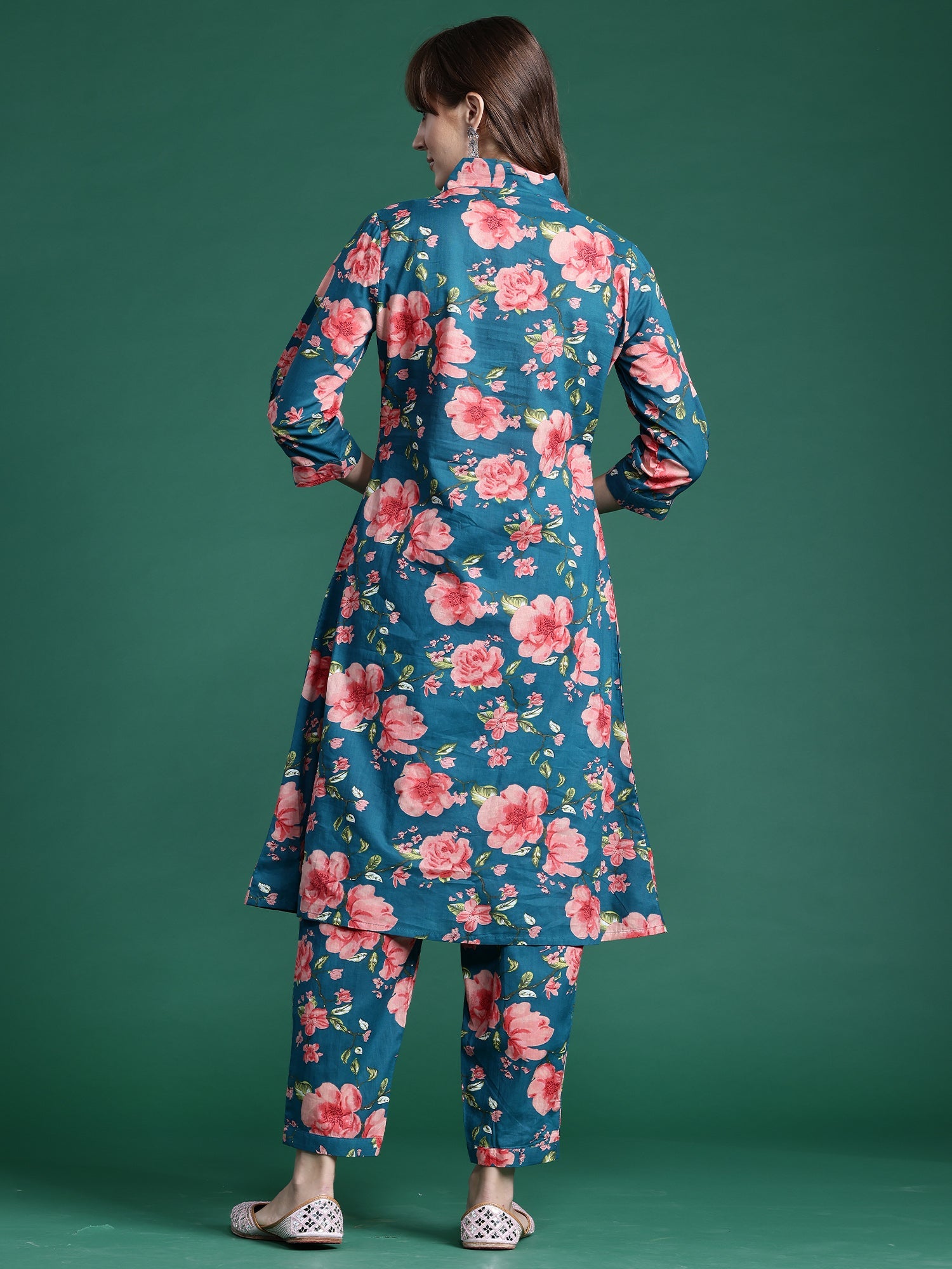 Indo Era Teal Printed A-Line Kurta Trousers set - Distacart