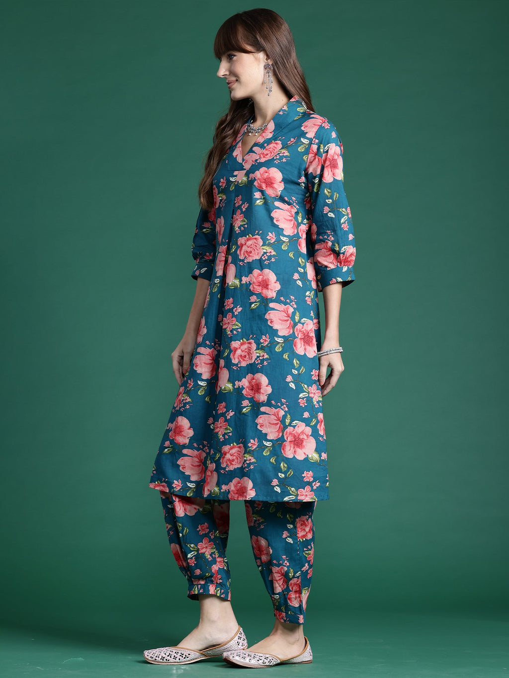 Indo Era Teal Printed A-Line Kurta Trousers set - Distacart