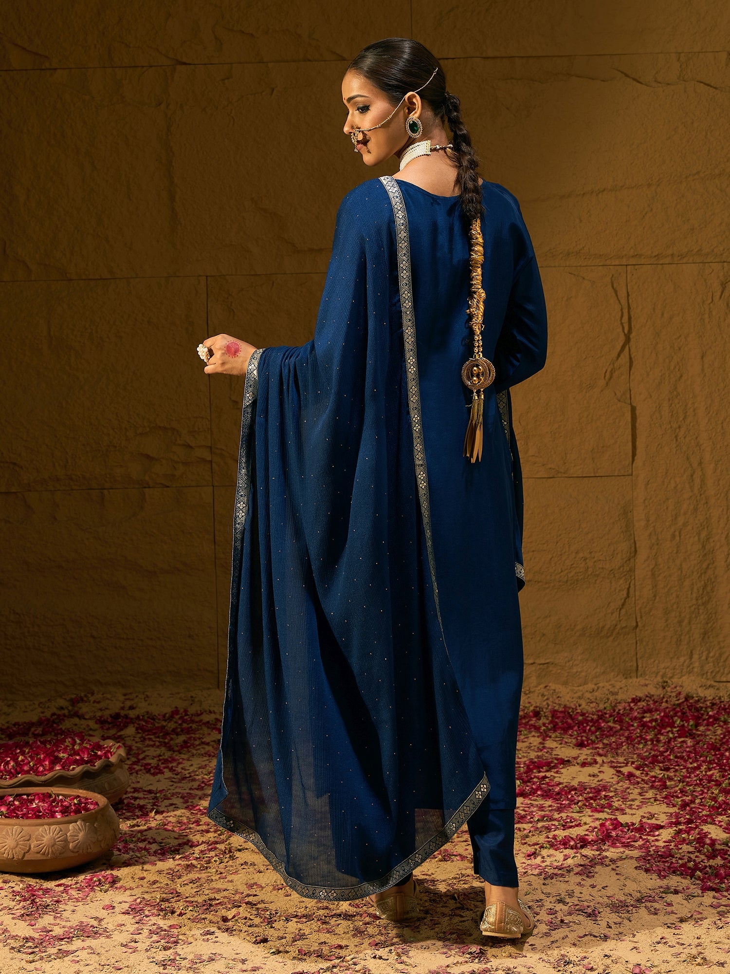 Indo Era Blue Embroidered Straight Kurta Trousers With Dupatta set - Distacart