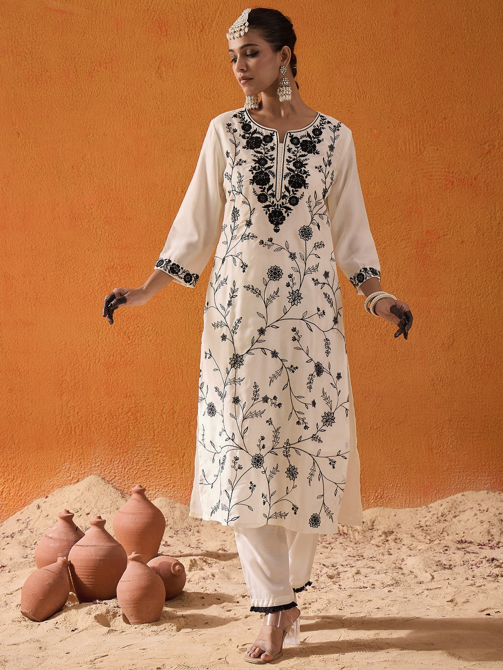 Indo Era White Straight Embroidered Kurta Trousers With Dupatta Set - Distacart