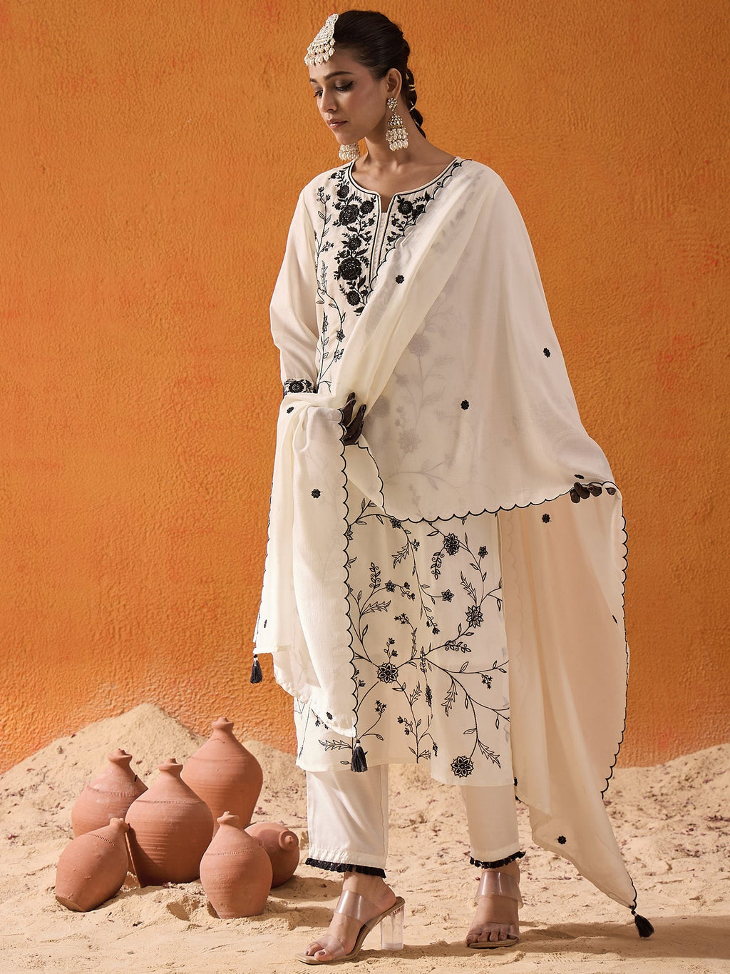Indo Era White Straight Embroidered Kurta Trousers With Dupatta Set - Distacart