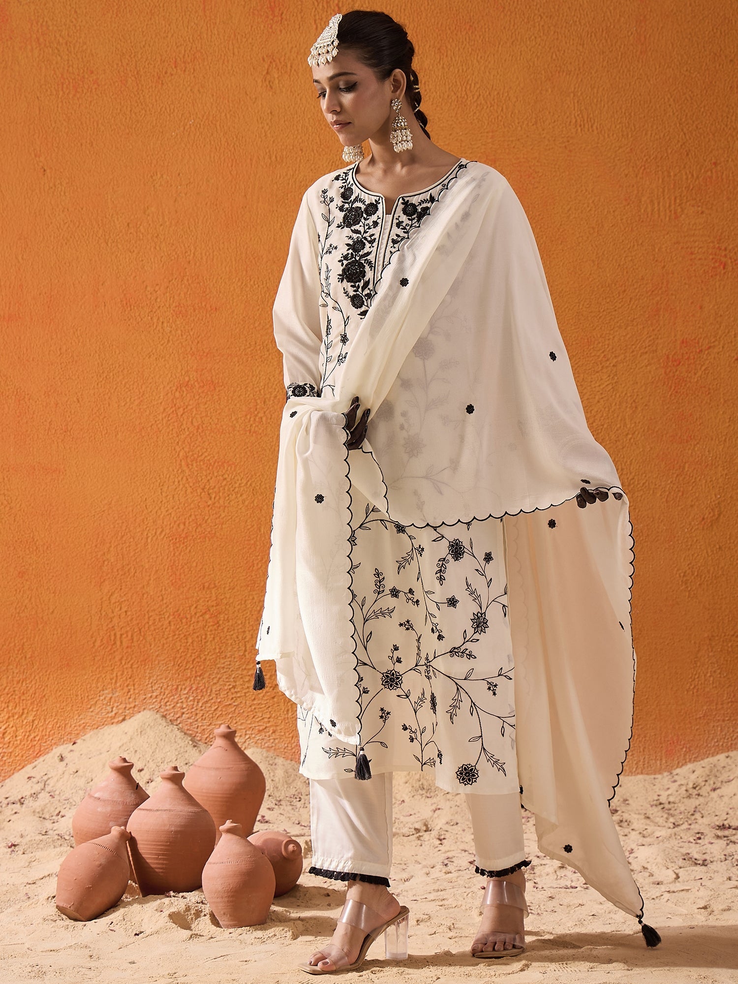 Indo Era White Straight Embroidered Kurta Trousers With Dupatta Set - Distacart