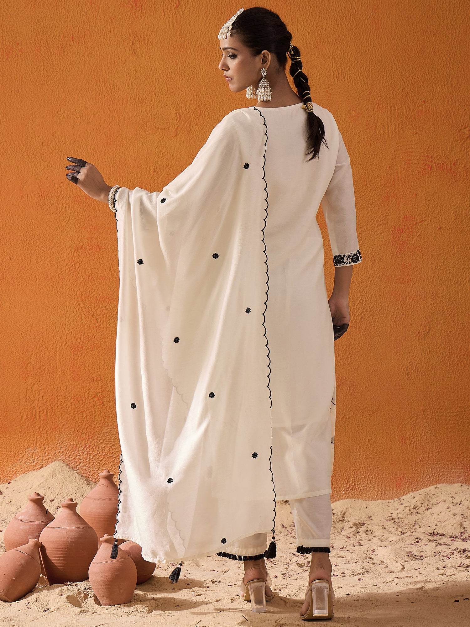 Indo Era White Straight Embroidered Kurta Trousers With Dupatta Set - Distacart