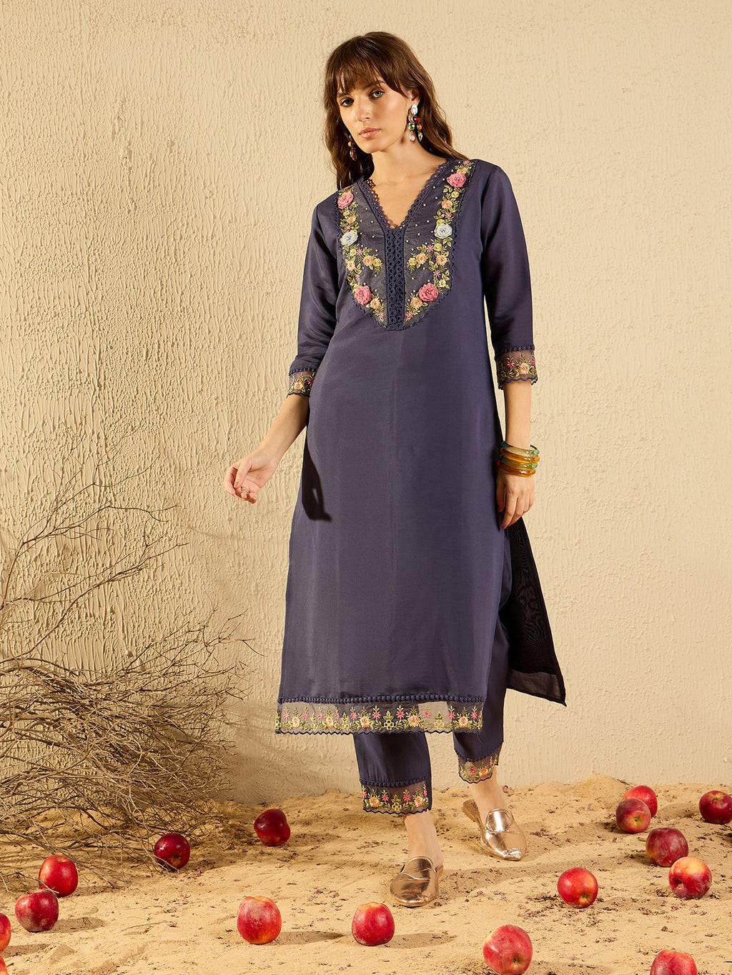 Indo Era Grey Embroidered Straight Kurta Trousers With Dupatta set - Distacart