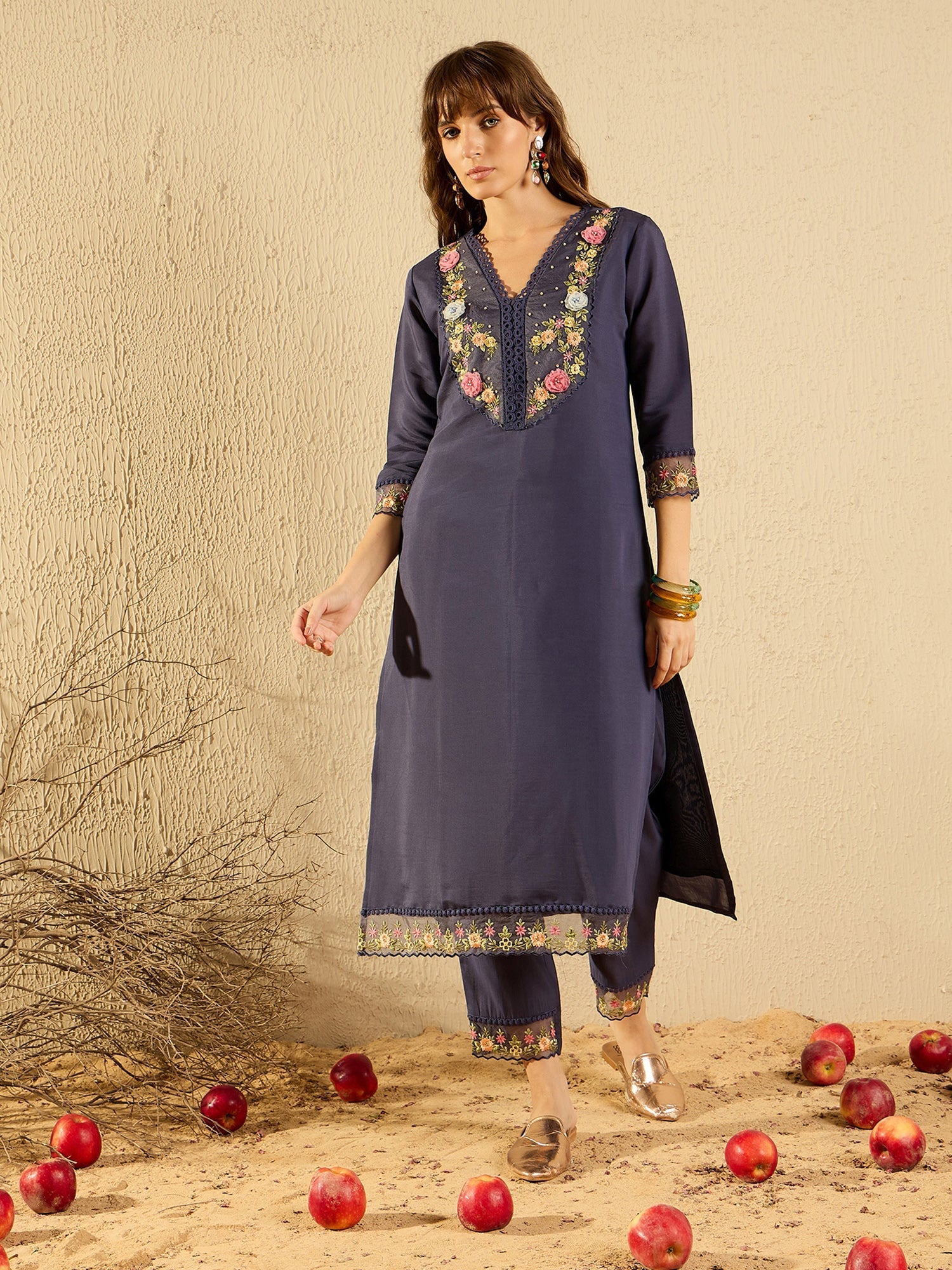Indo Era Grey Embroidered Straight Kurta Trousers With Dupatta set - Distacart