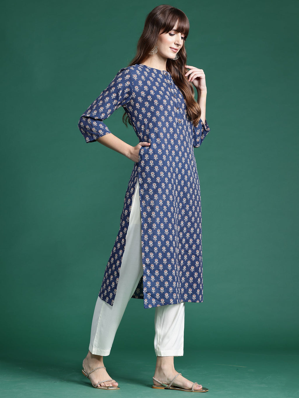 Indo Era Blue Printed Straight Kurta - Distacart