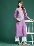 Indo Era Lavender Embroidered Straight Kurta - Distacart