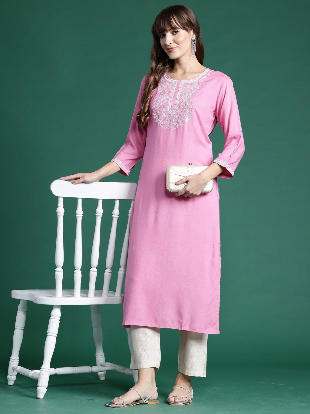 Indo Era Pink Embroidered Straight Kurta - Distacart