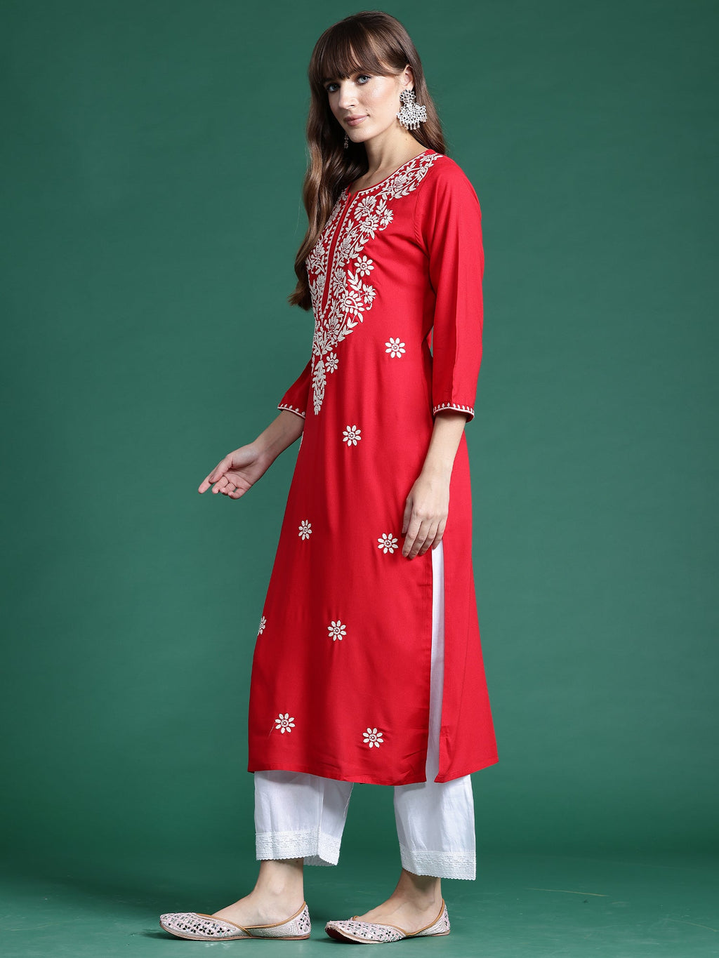 Indo Era Red Embroidered Straight Kurta - Distacart