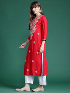 Indo Era Red Embroidered Straight Kurta - Distacart
