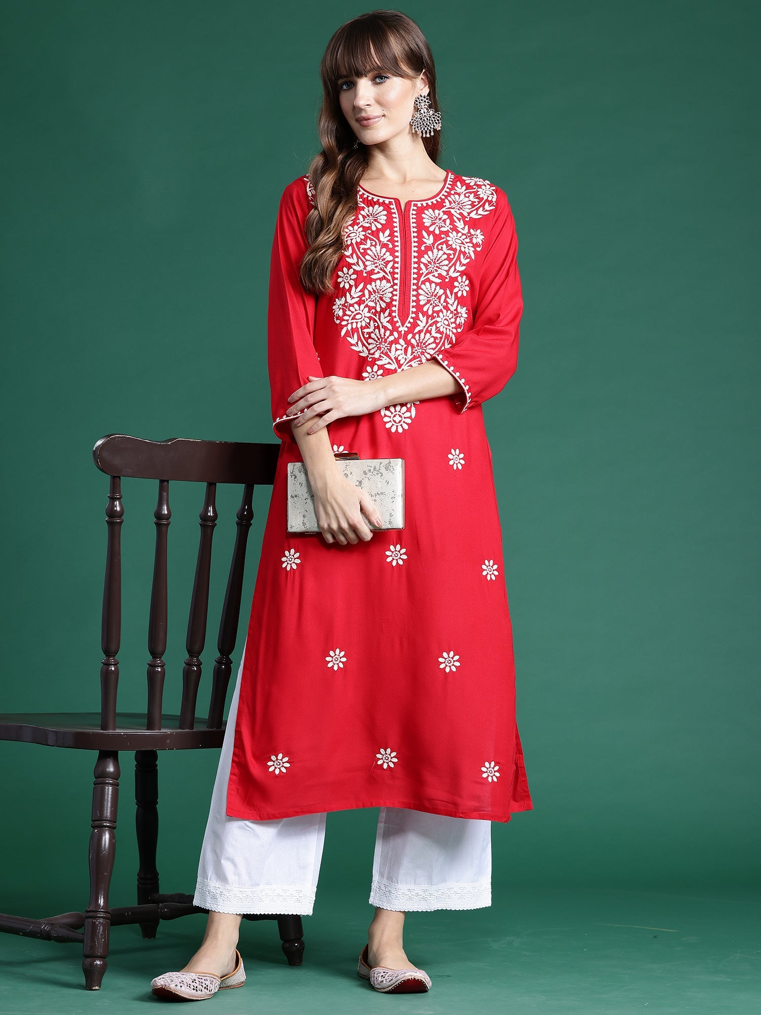 Indo Era Red Embroidered Straight Kurta - Distacart