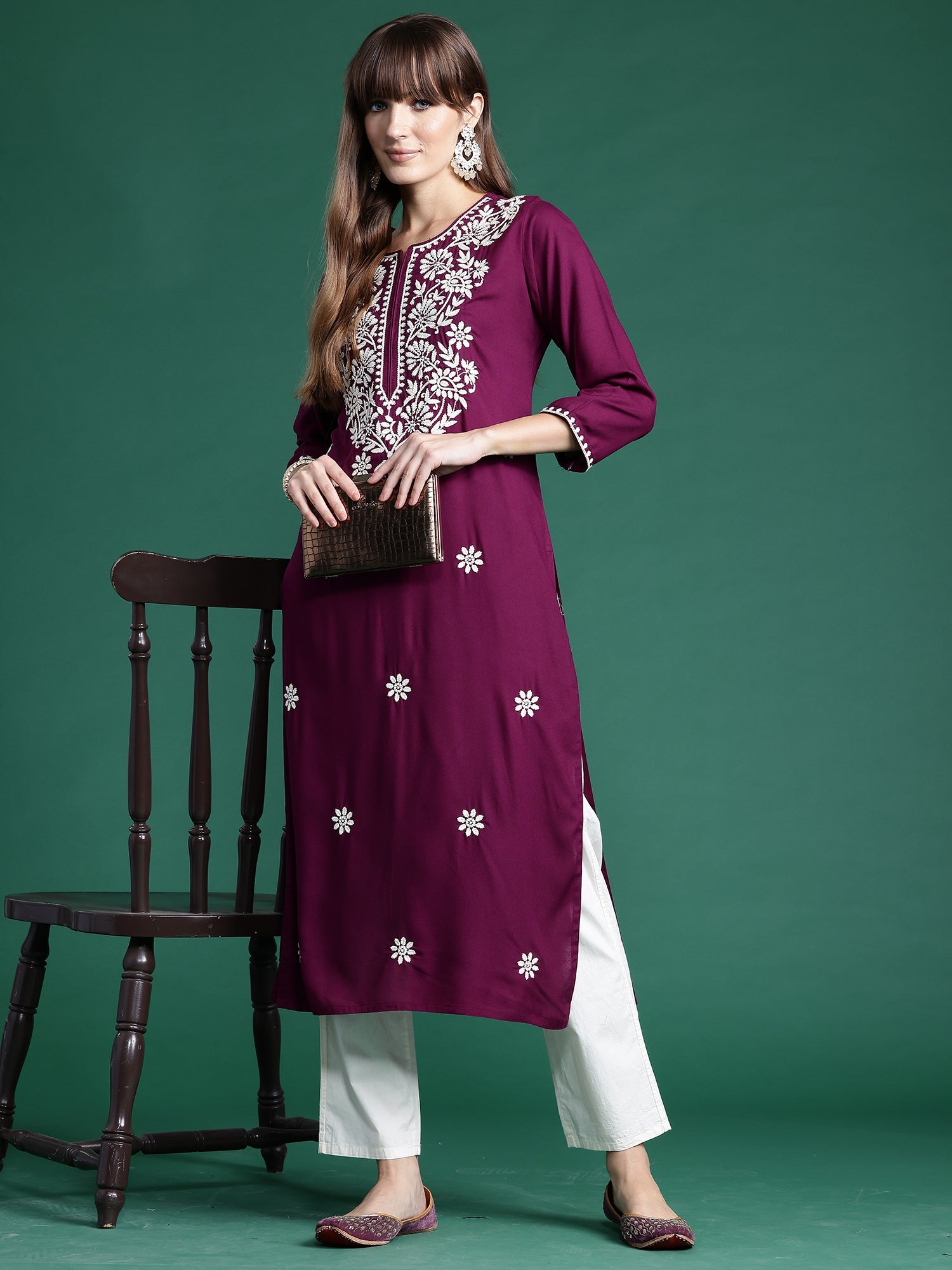 Indo Era Burgundy Embroidered Straight Kurta - Distacart