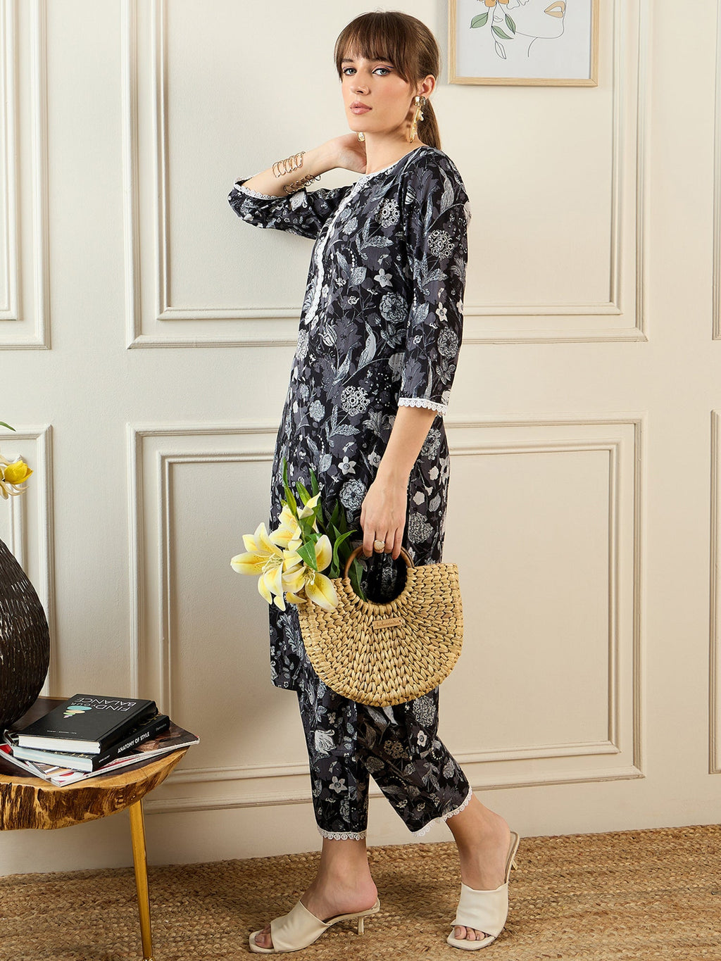 Indo Era Black Printed Straight Kurta Trousers set - Distacart