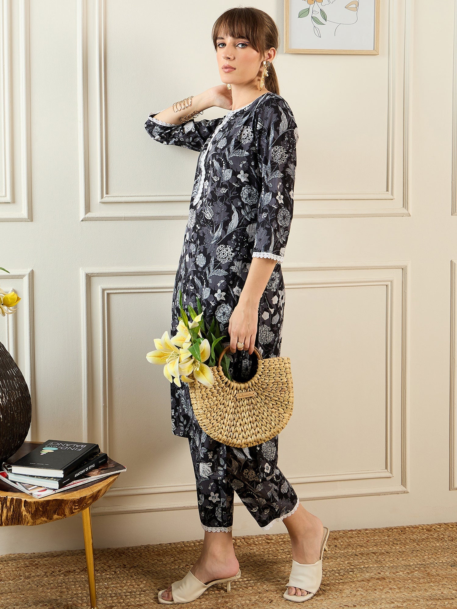 Indo Era Black Printed Straight Kurta Trousers set - Distacart