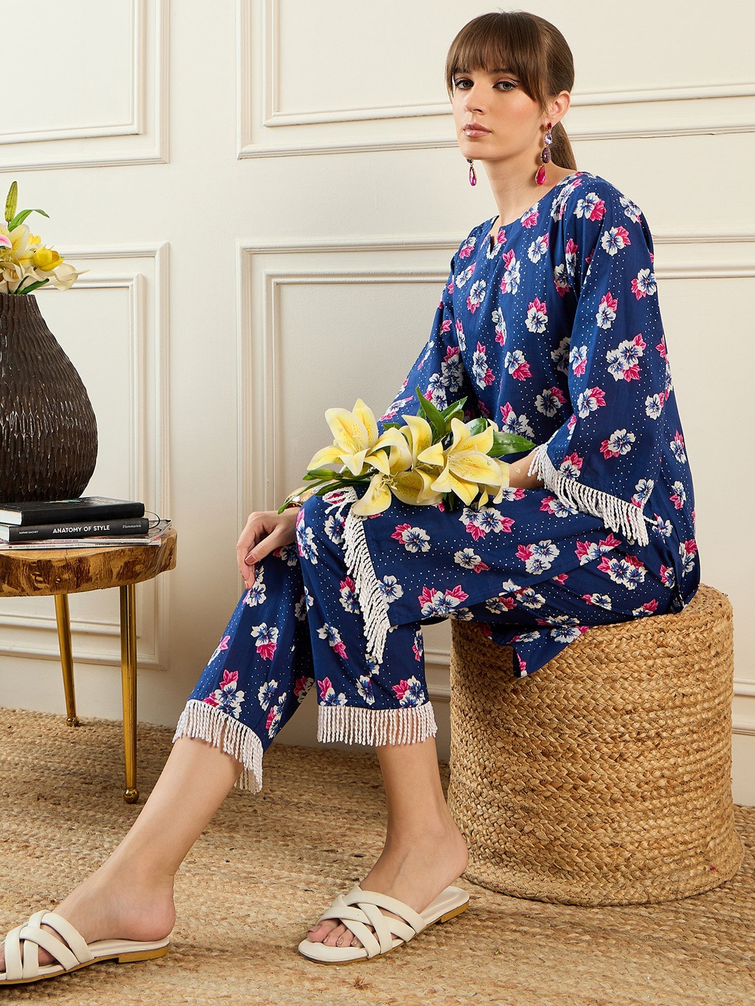 Indo Era Blue Printed Straight Kurta Trousers set - Distacart