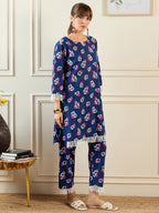 Indo Era Blue Printed Straight Kurta Trousers set - Distacart