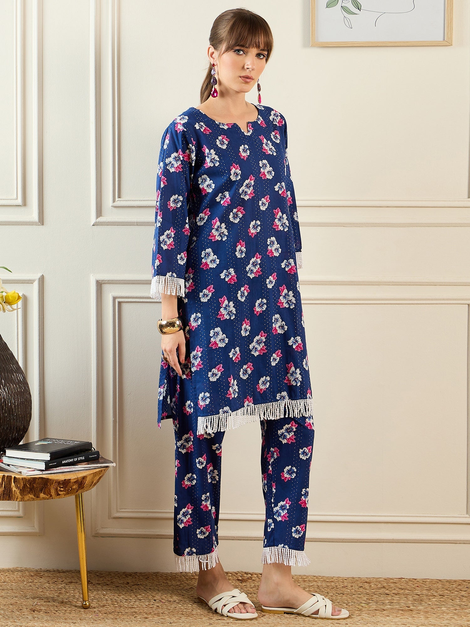 Indo Era Blue Printed Straight Kurta Trousers set - Distacart