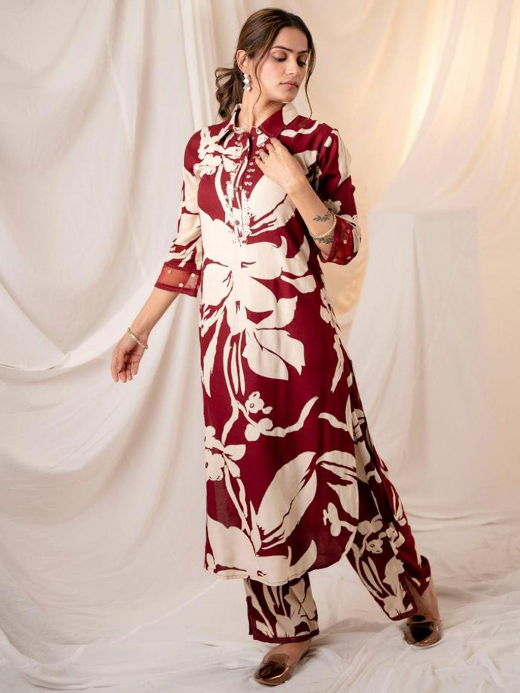 Indo Era Maroon Printed Straight Kurta Trousers set - Distacart