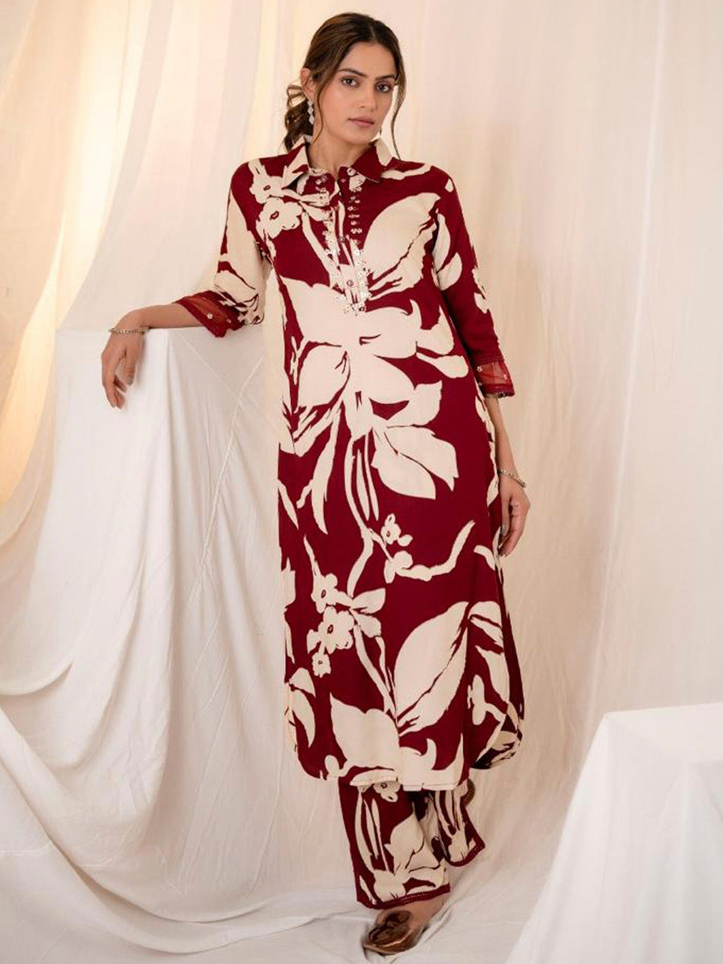 Indo Era Maroon Printed Straight Kurta Trousers set - Distacart
