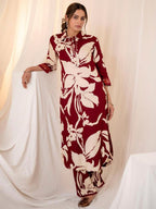 Indo Era Maroon Printed Straight Kurta Trousers set - Distacart