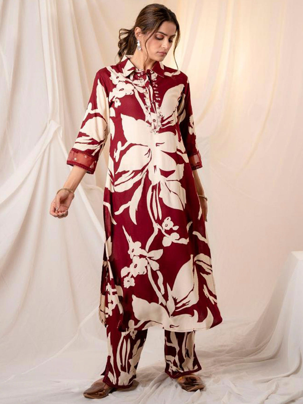 Indo Era Maroon Printed Straight Kurta Trousers set - Distacart