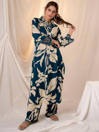 Indo Era Teal Printed Straight Kurta Trousers set - Distacart