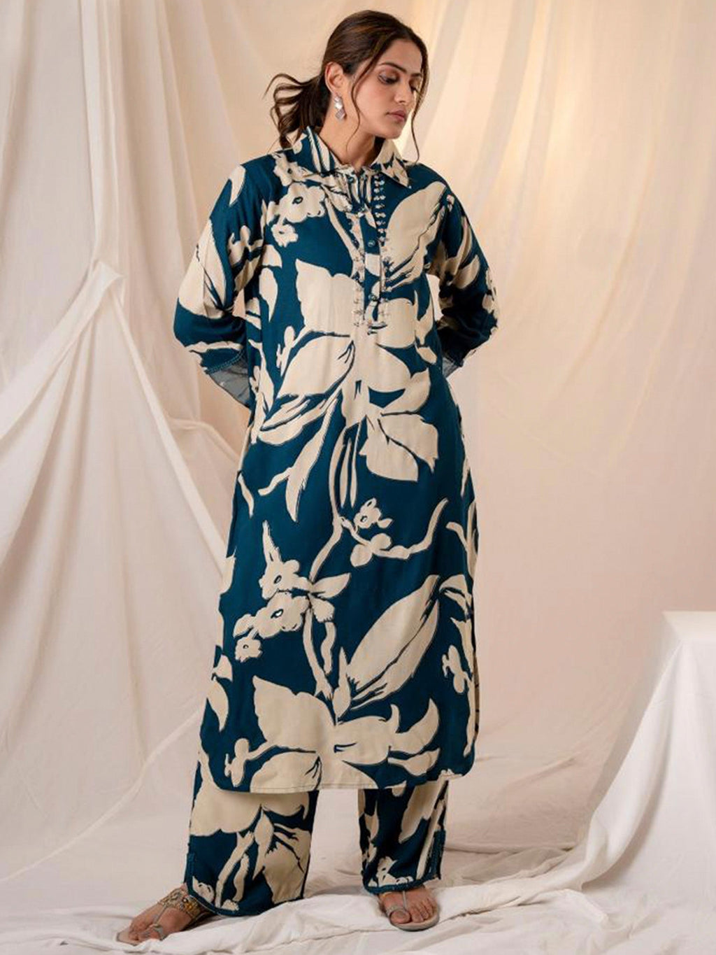 Indo Era Teal Printed Straight Kurta Trousers set - Distacart